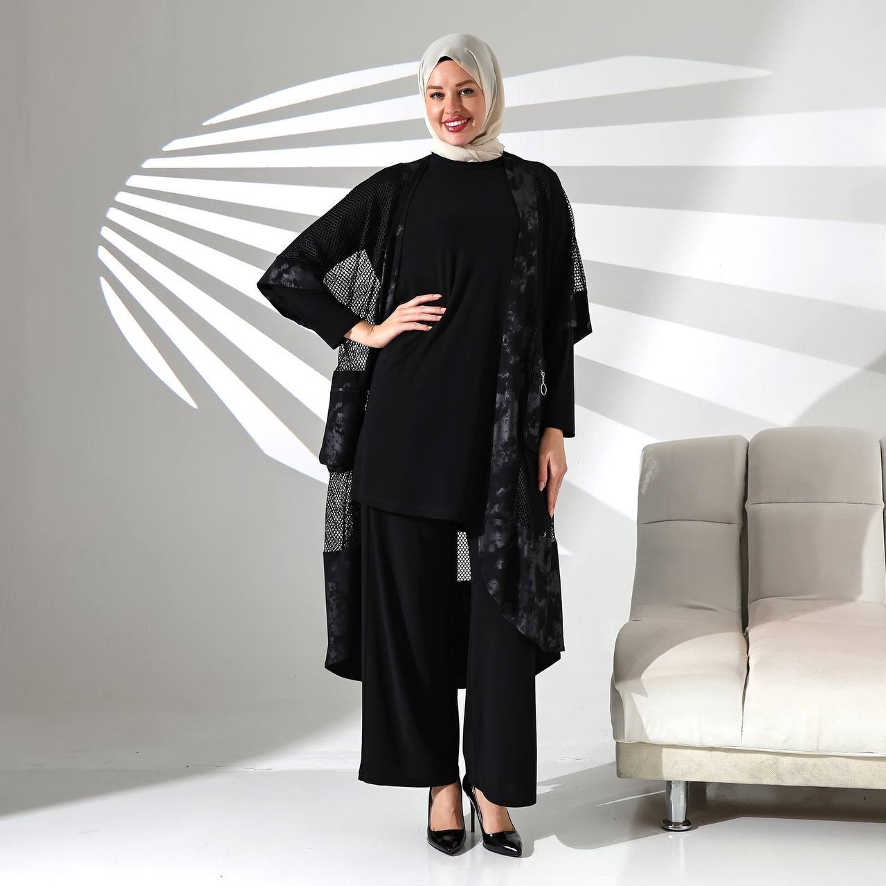 1364 FİLE KİMONO+ÖRME KREP PANTOLON TUNİK