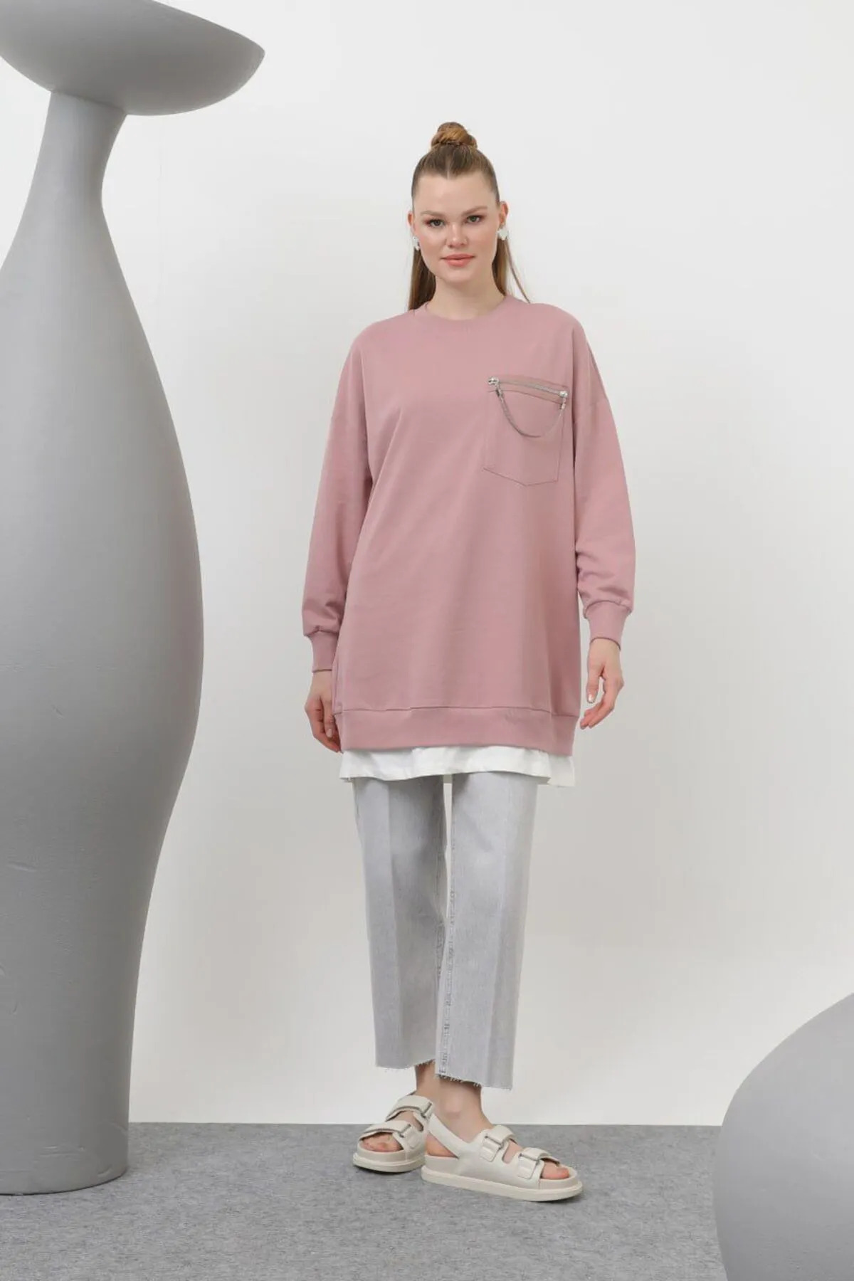 Puane Kadın Iki Iplik Cep Kısmı Zincir Detaylı Tunik 10620