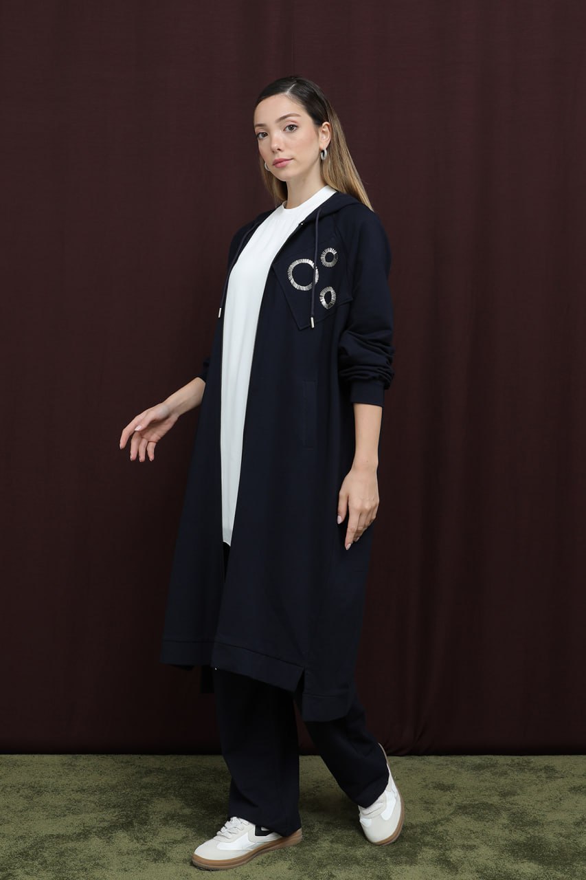 Kadın Aplike Detaylı Fermuarlı Kapüşonlu Takım