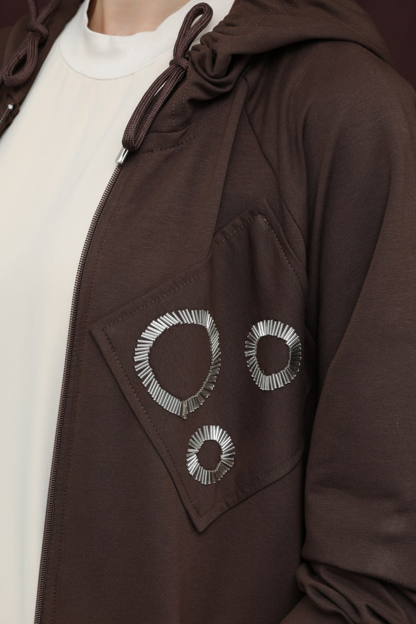 Kadın Aplike Detaylı Fermuarlı Kapüşonlu Takım